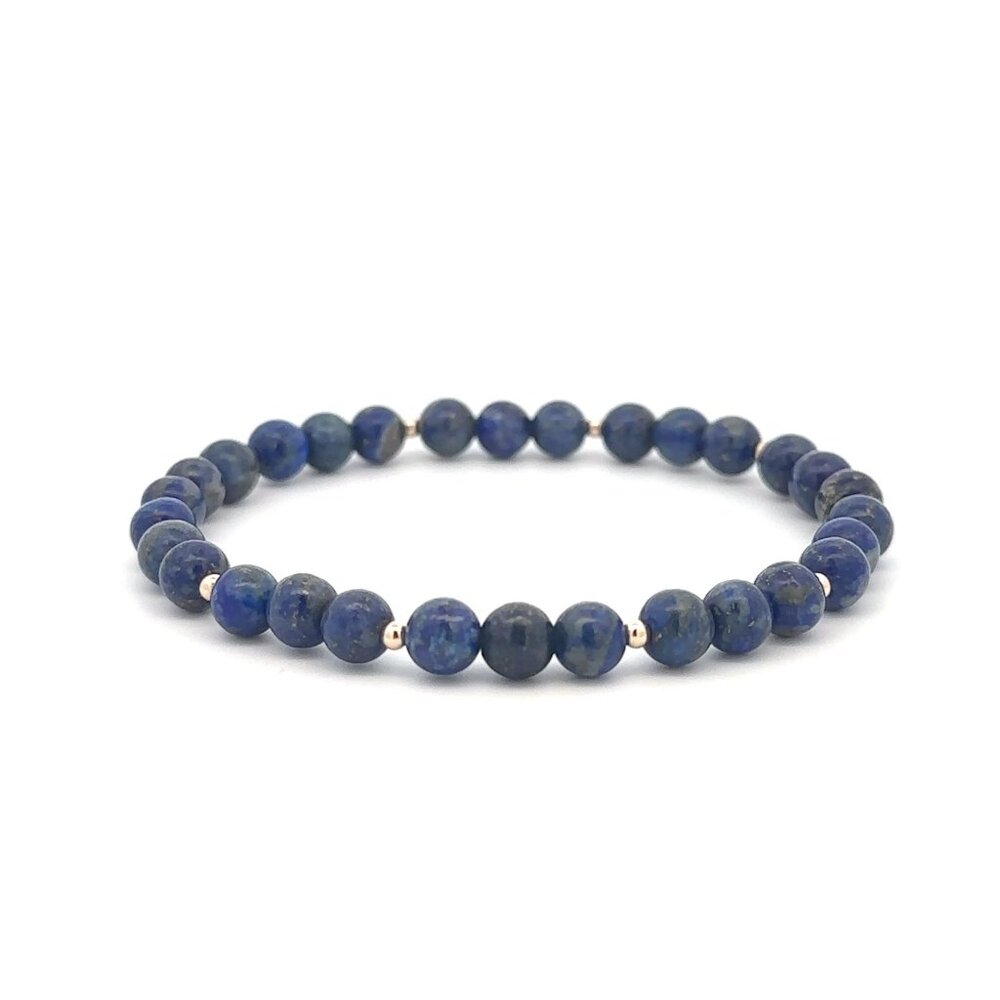 Lapis Lazuli Gemstone Beaded Stretch Bracelet with 14K Gold Accent Bead Handmade - Picture 1 of 7